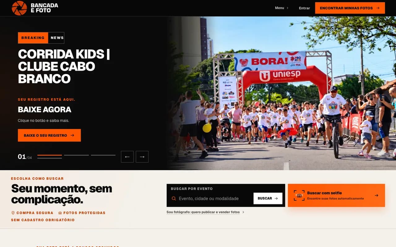 Página atual da Bancada e Foto destacando um evento esportivo e a busca de fotos por selfie