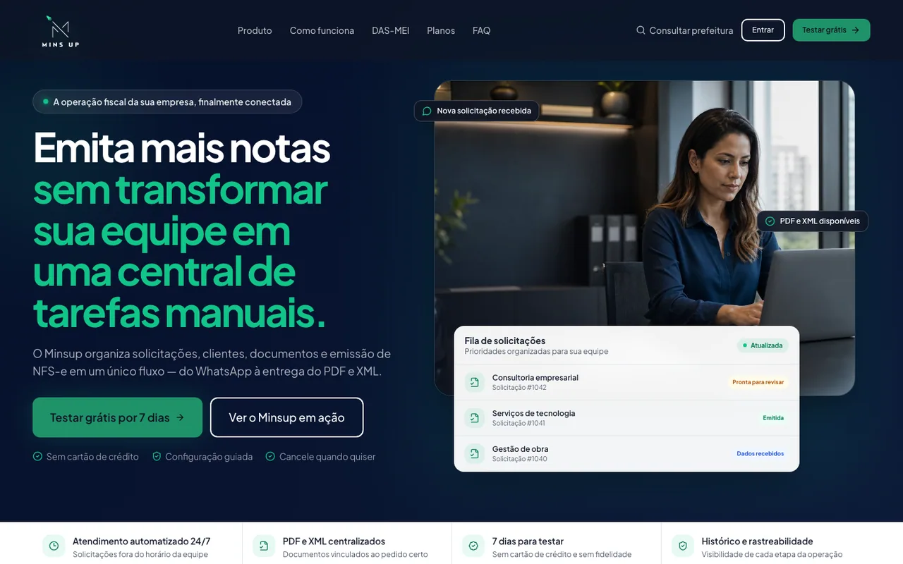 Página atual do Portal Minsup apresentando a fila de solicitações fiscais e a emissão de notas