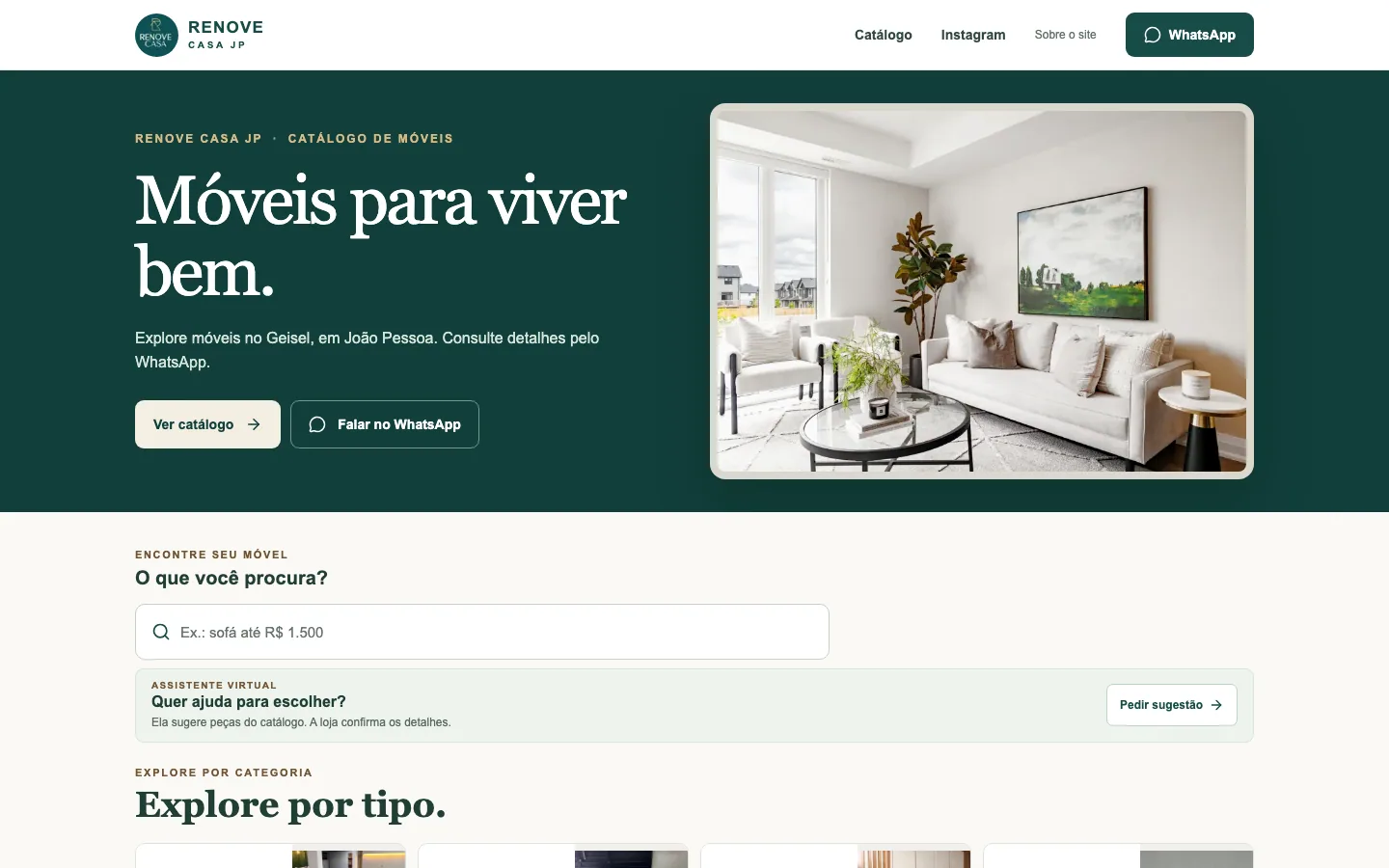 Página inicial do catálogo Renove Casa JP com busca de móveis e convite para usar a assistente virtual